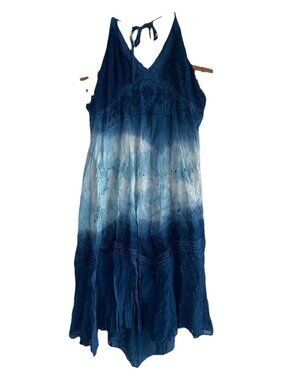 VTG LSI Women’s Halter Dress Sz XL Blue Tie Dye Beaded Embroidery Boho Fairy